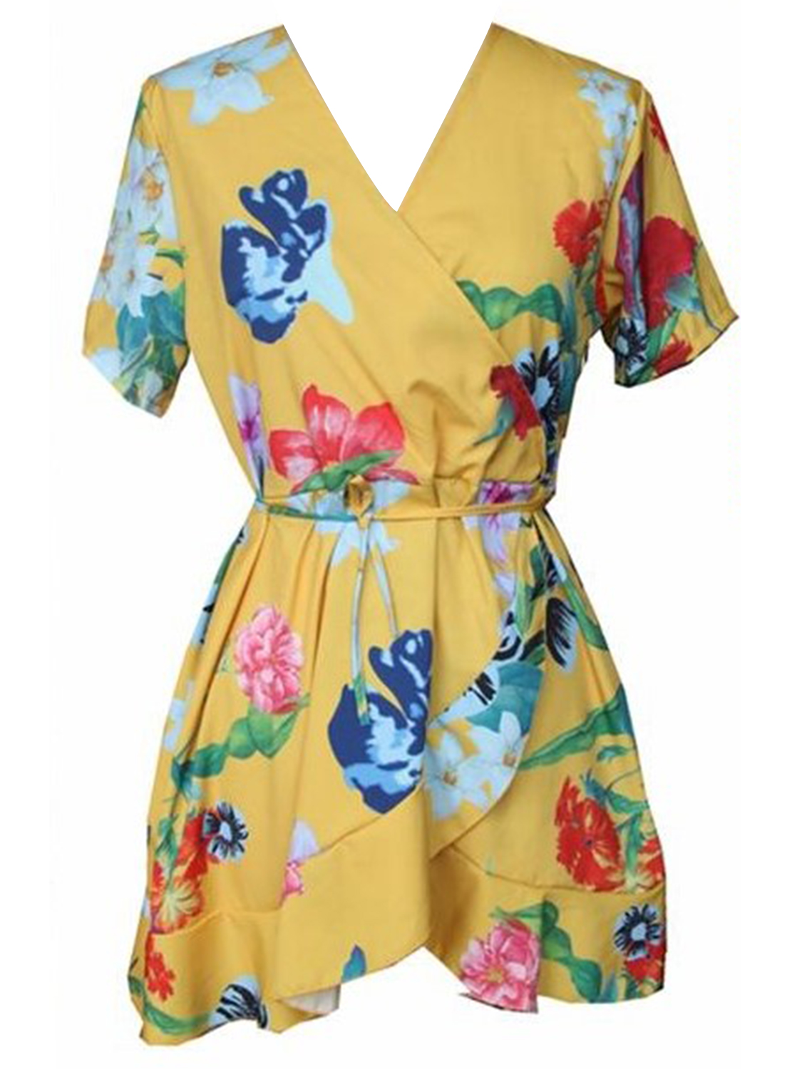 Yellow Plunge Tie Waist Ruffle Trim Print Detail Mini Dress | Choies