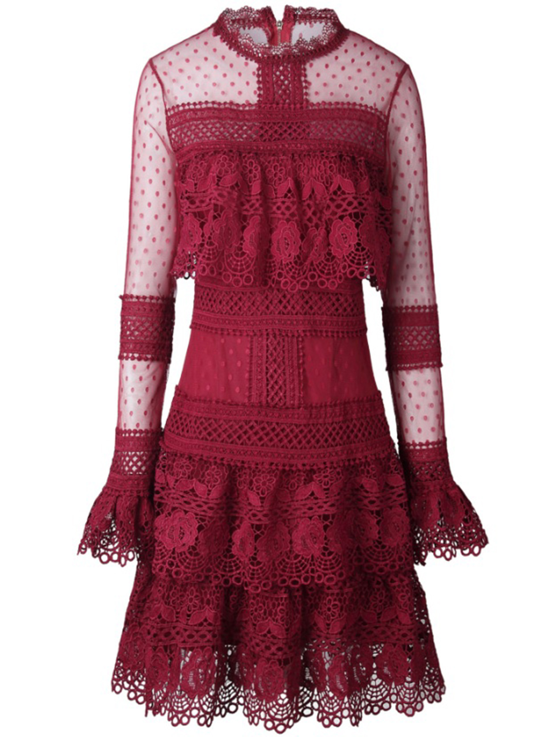 Burgundy Sheer Mesh Panel Long Sleeve Lace Mini Dress | Choies
