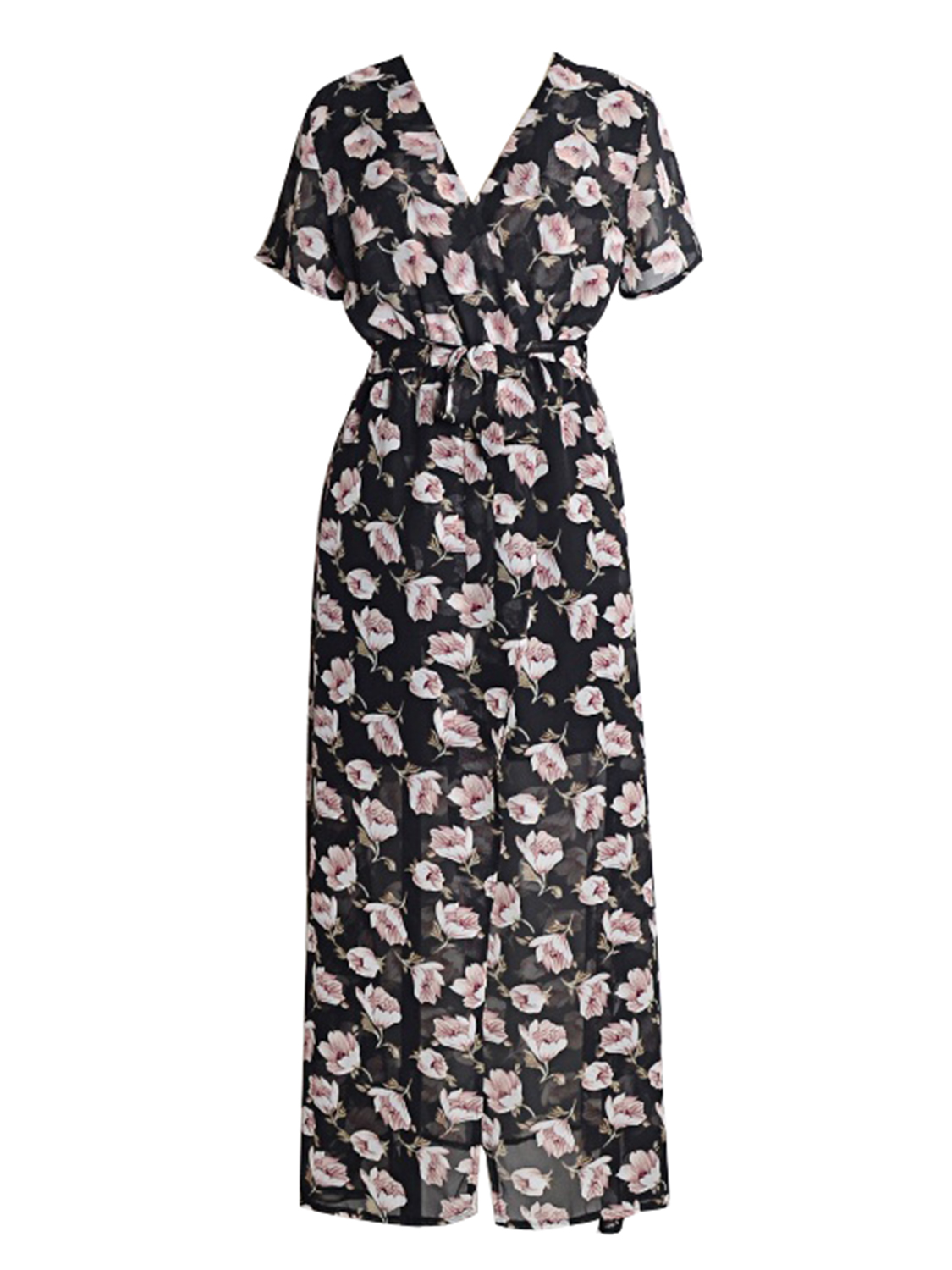 Black V-neck Tie Waist Floral Print Thigh Split Maxi Dress | Choies