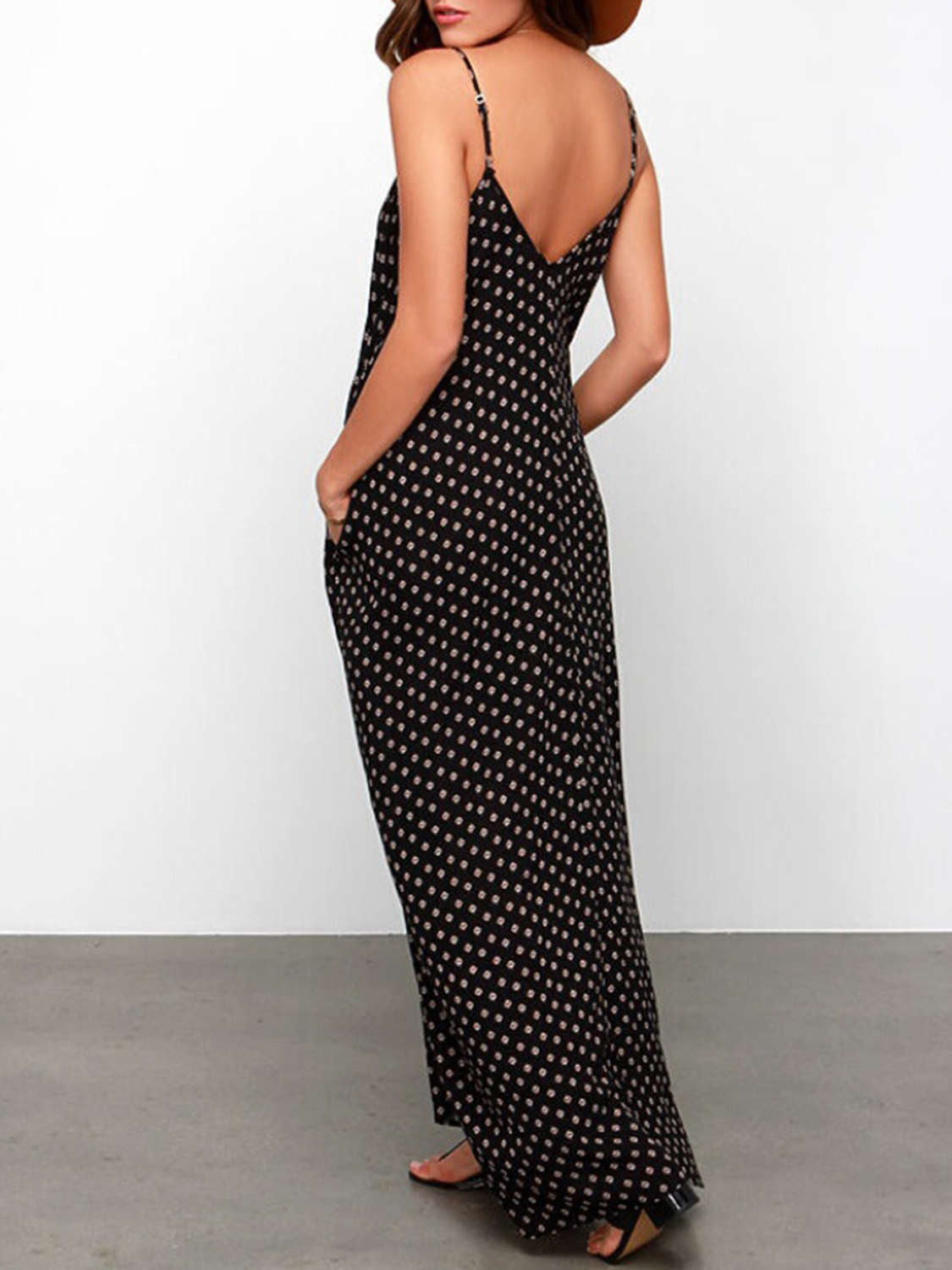 Black Spaghetti Strap V-neck Polka Dot Detail Maxi Dress | Choies