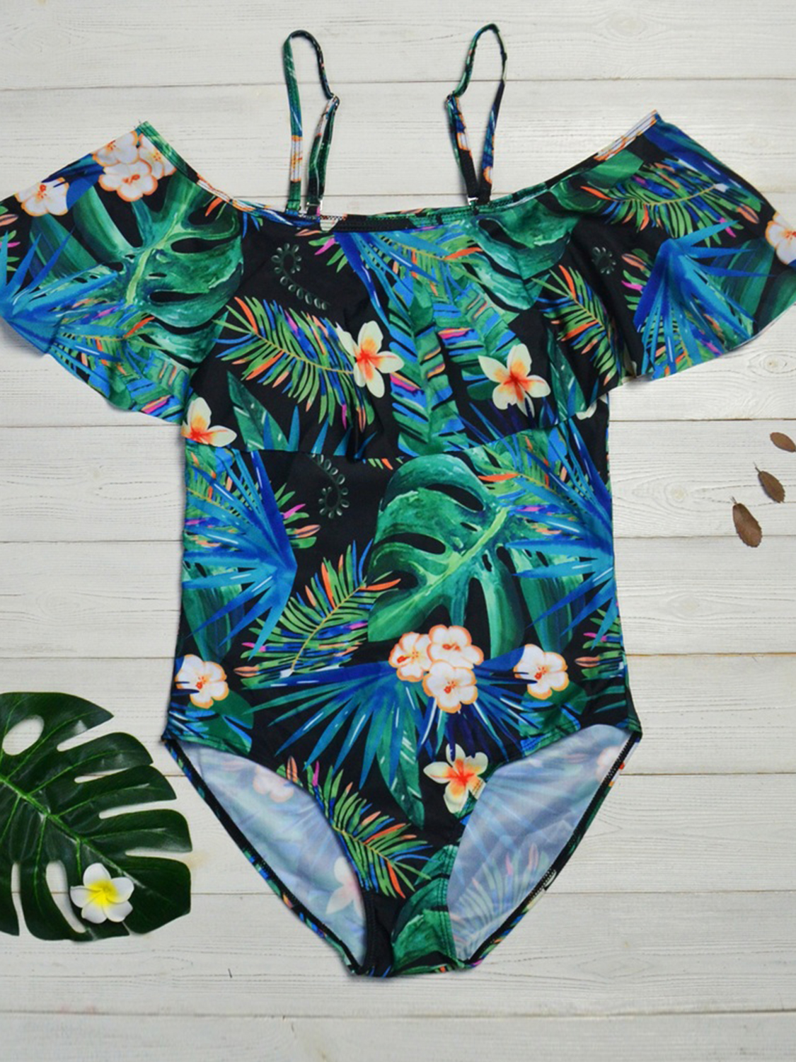 Green Spaghetti Strap Off Shoulder Leaves Print Swimsuit | Choies