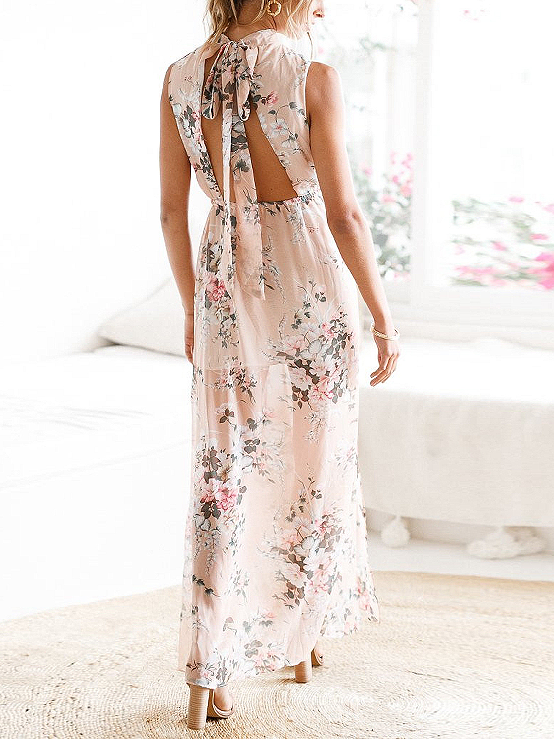 Khaki Floral Print Thigh Split Side Open Back Maxi Dress | Choies