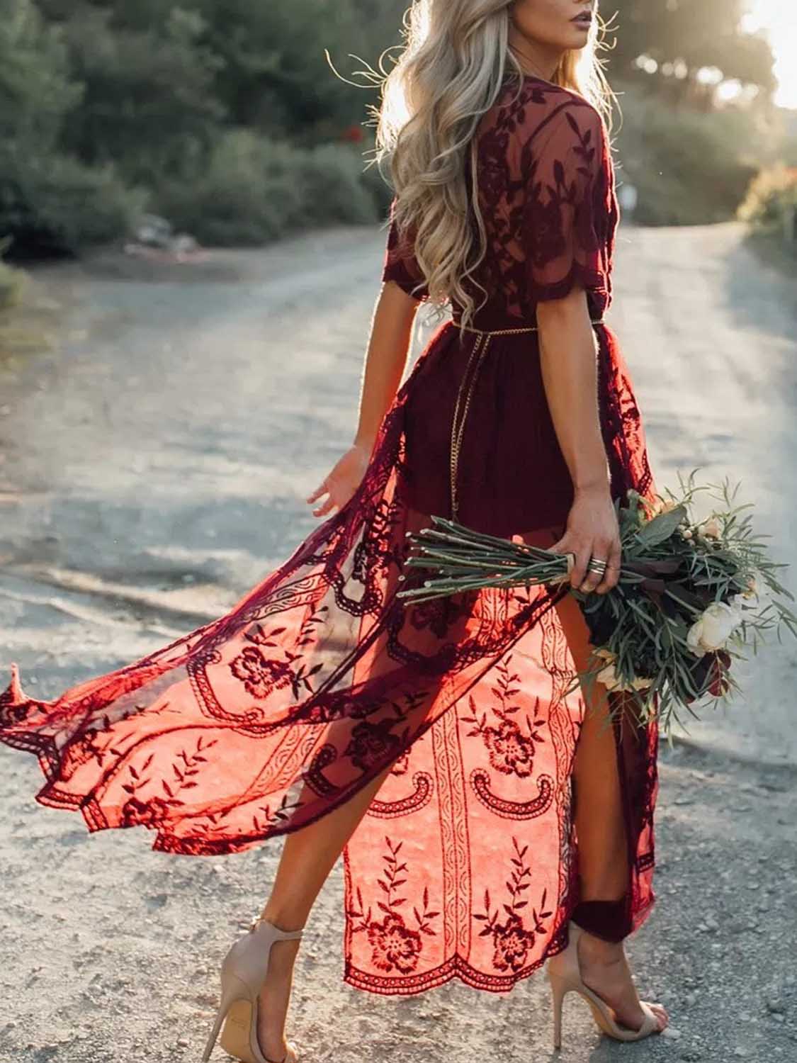 Burgundy Plunge Chain Waist Short Sleeve Split Lace Maxi Dress Choies