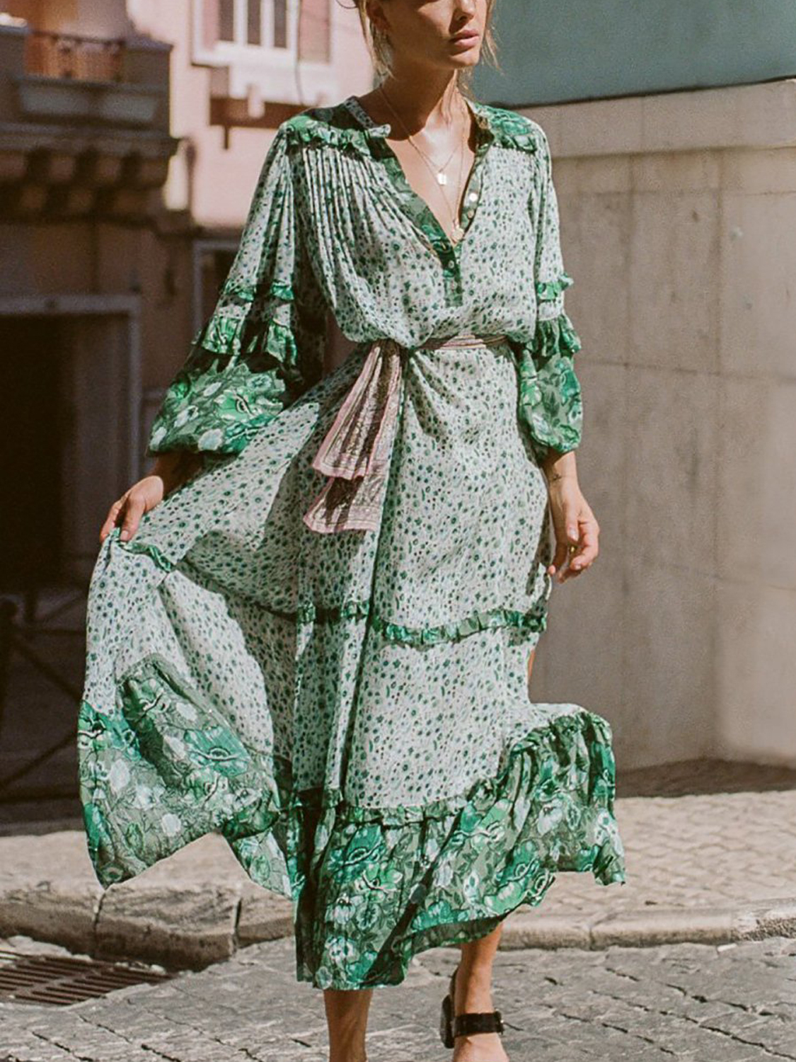 Green Plunge Floral Print Thigh Split Side Maxi Dress | Choies