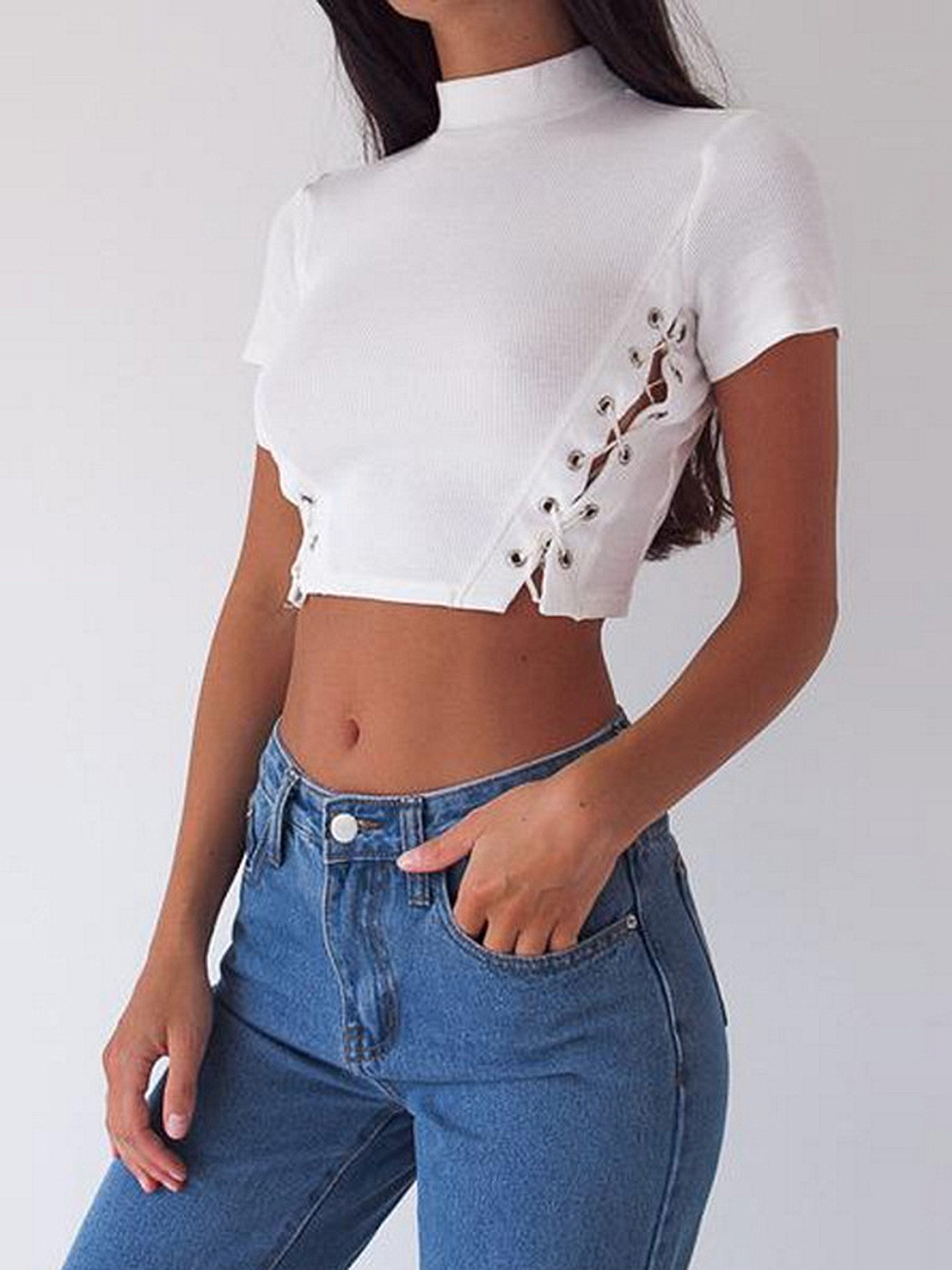 White Ribbed High Neck Eyelet Lace Up Side Crop Top | Choies