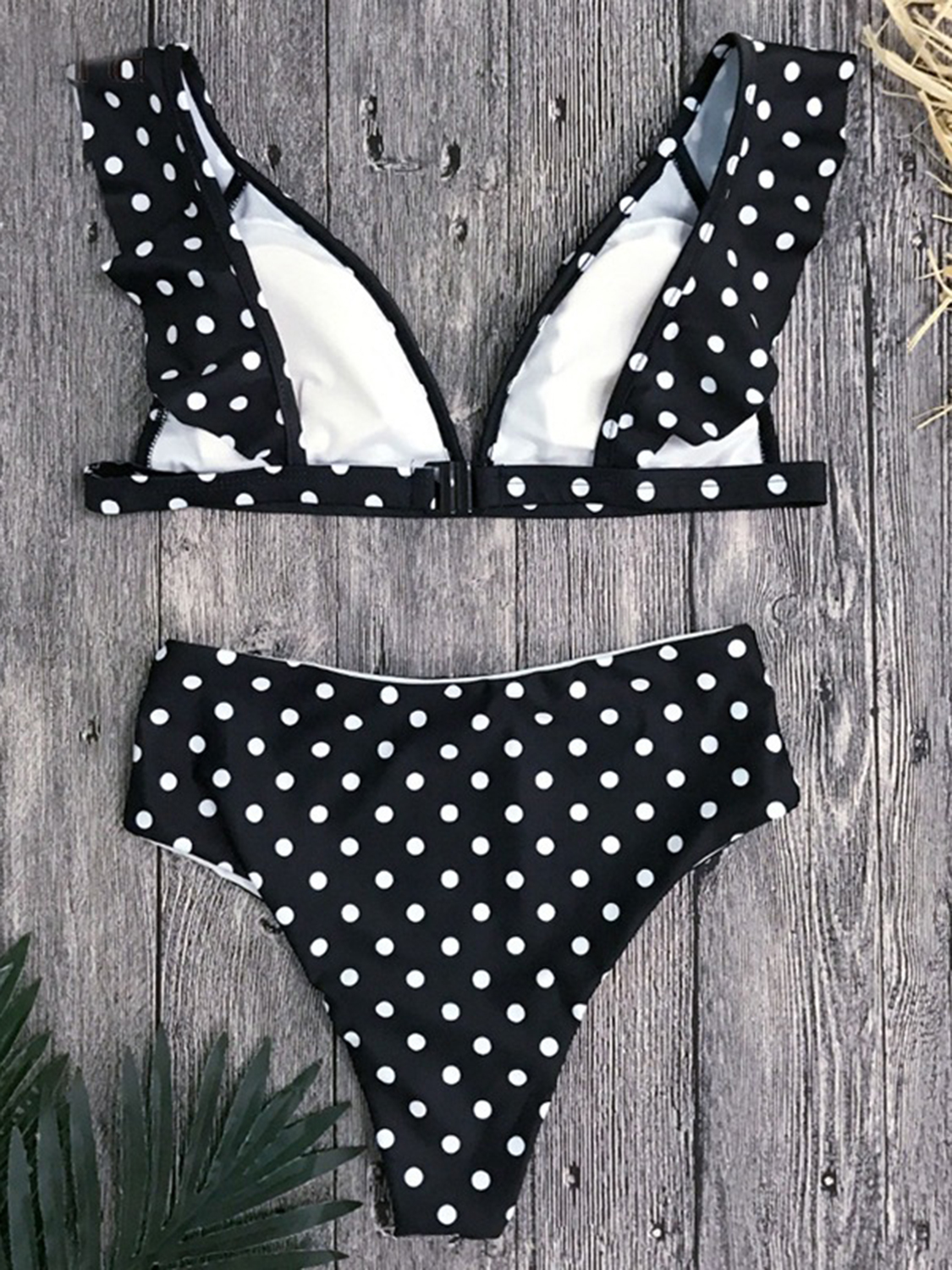 Black Polka Dot Ruffle Trim Bikini Top And High Waist Bottom | Choies
