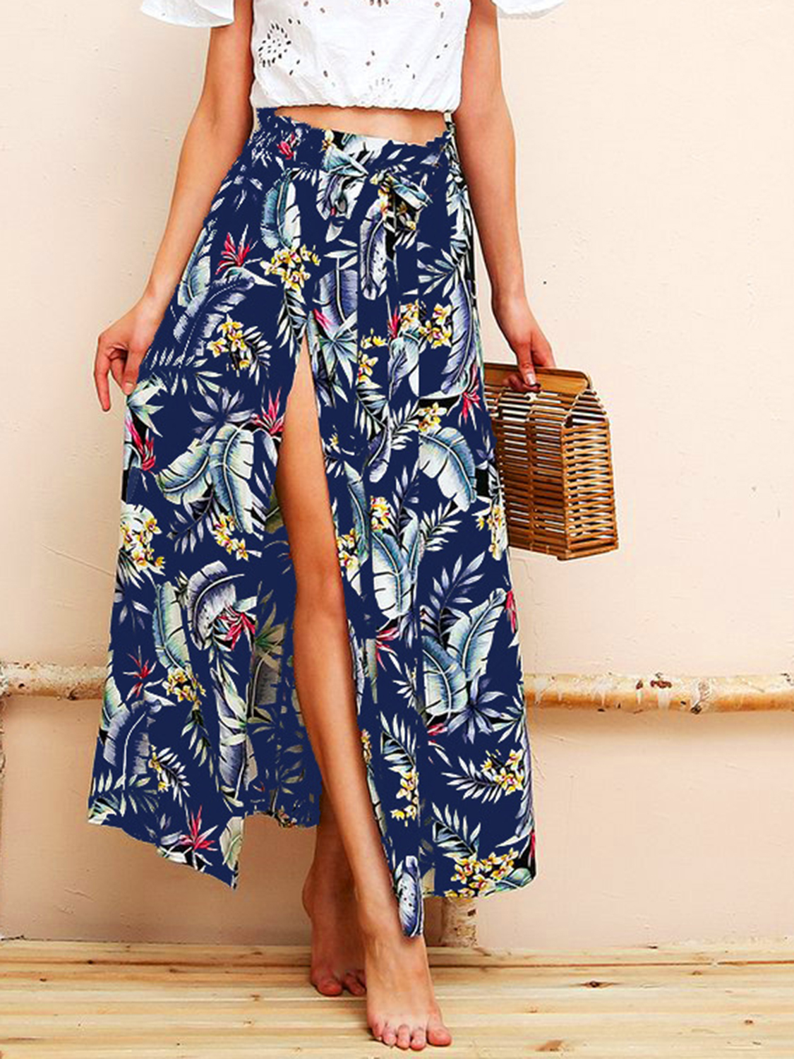 Navy Blue Blend Leaves Print Thigh Split Side Chic Women Maxi Skirt ...