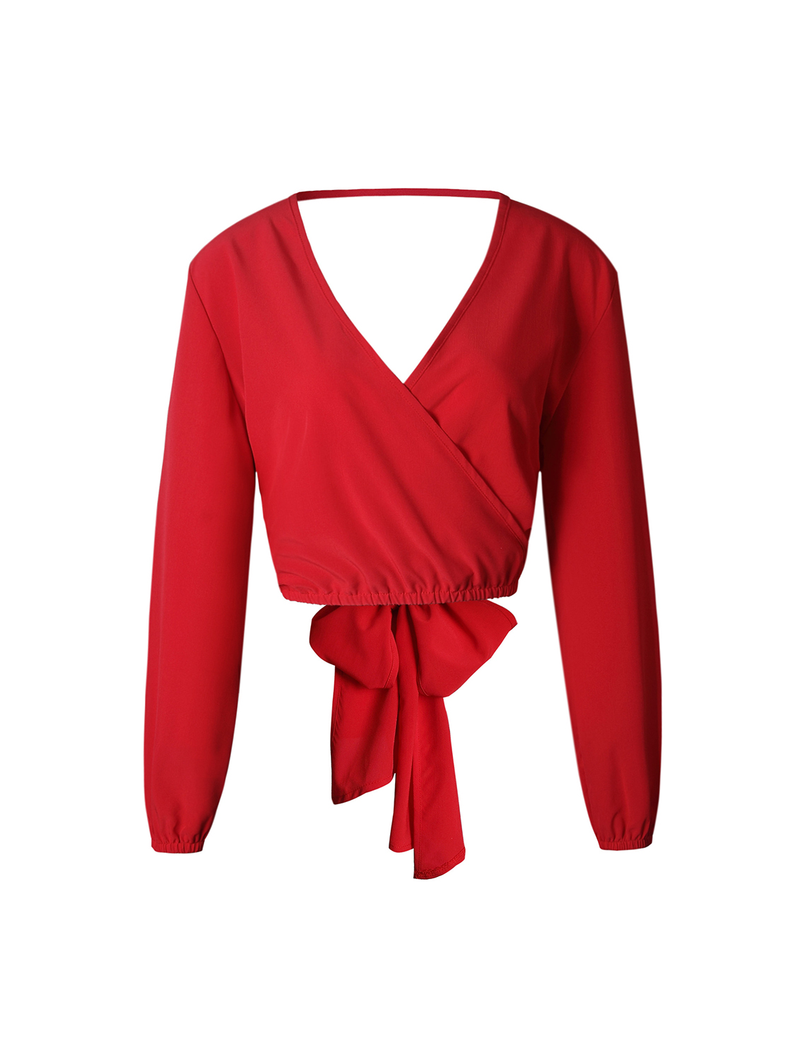 Red V-neck Bow Tie Detail Open Back Long Sleeve Blouse | Choies