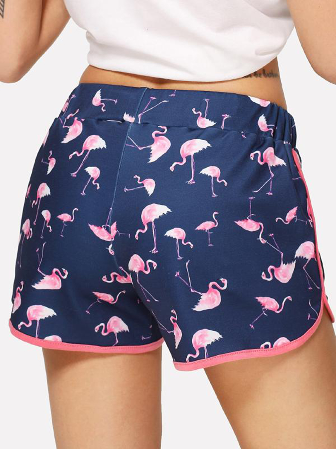 Blue Flamingo Print Drawstring Split Side Chic Women Shorts | Choies