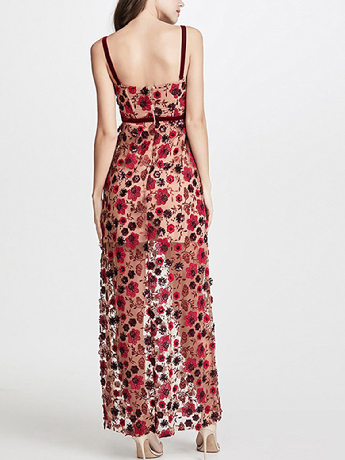 Red Floral Print Belted Waist Open Back Chic Women Cami Maxi Dress | Choies