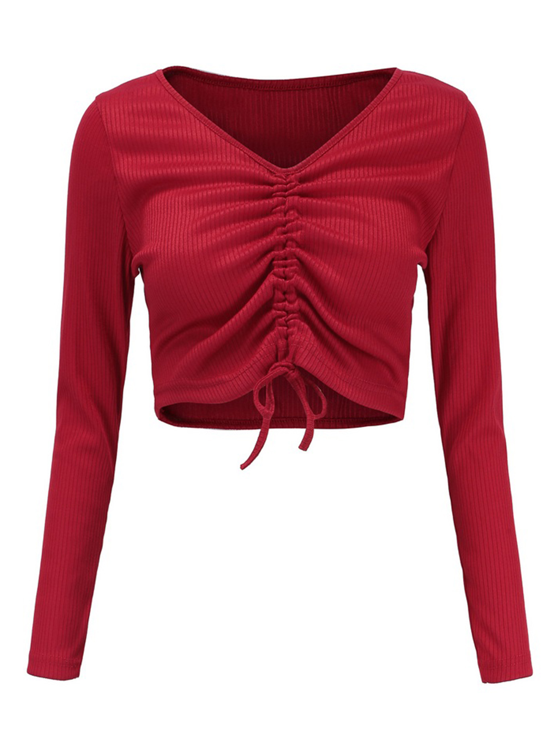 Red Ribbed V-neck Drawstring Front Long Sleeve Chic Women Crop Top | Choies