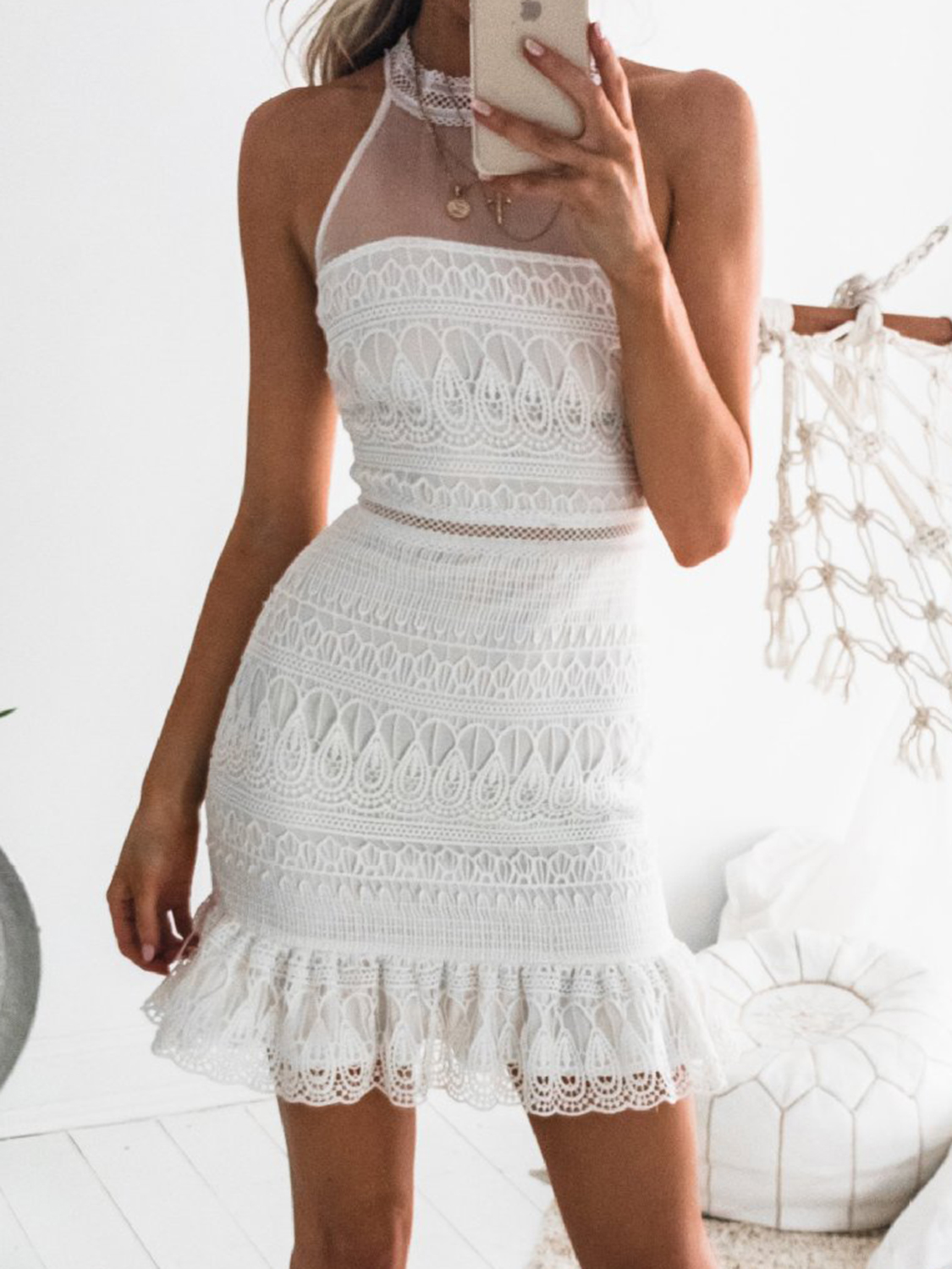 high neck lace mini dress