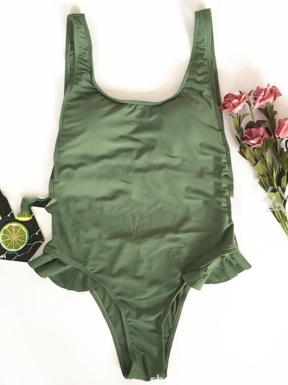 Army Green Ruffle Trim Open Back Chic Women Swimsuit | Choies
