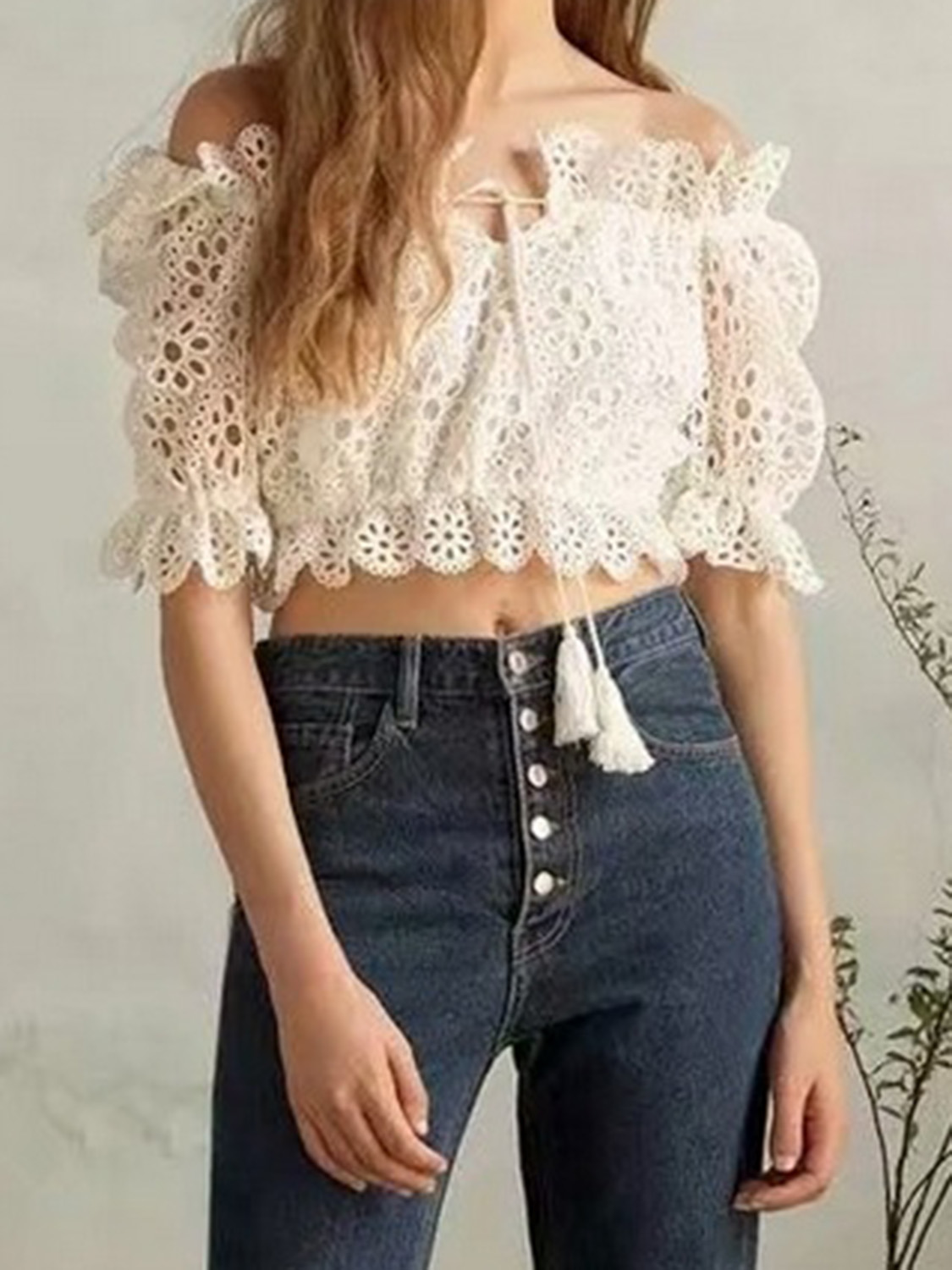 off the shoulder white frill top