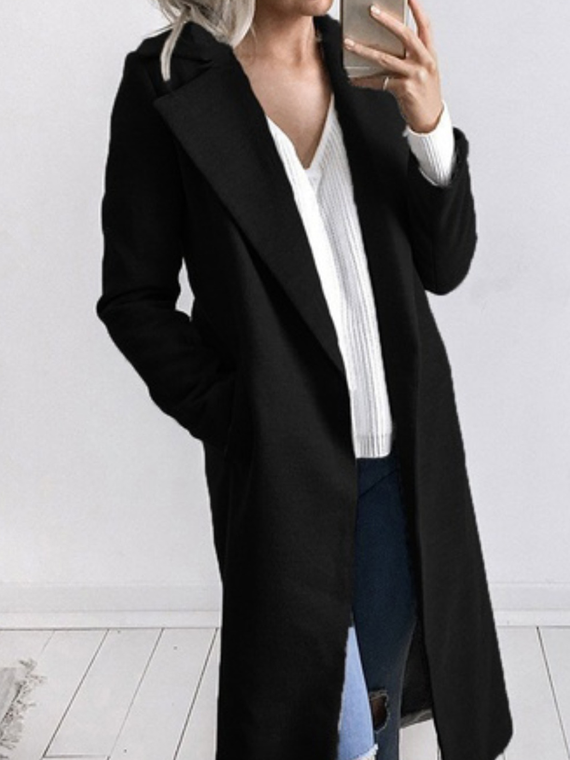 Black Lapel Long Sleeve Chic Women Wool Blend Coat | Choies