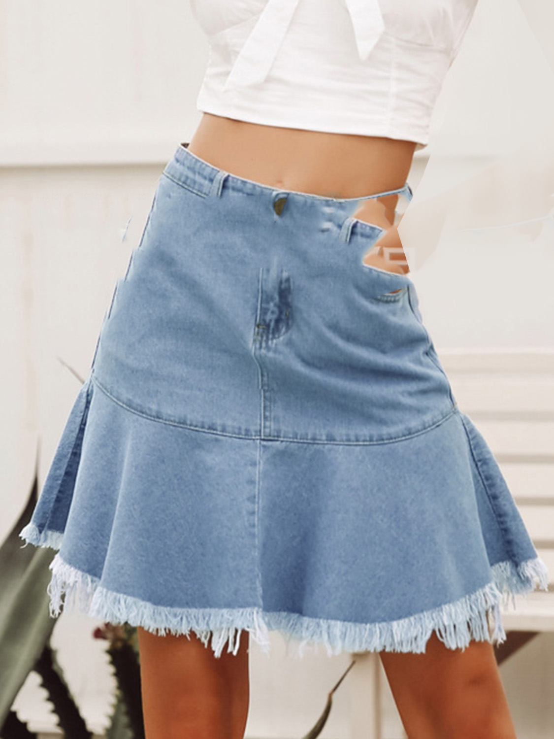 Blue High Waist Ruffle Hem Denim Mini Skirt | Choies