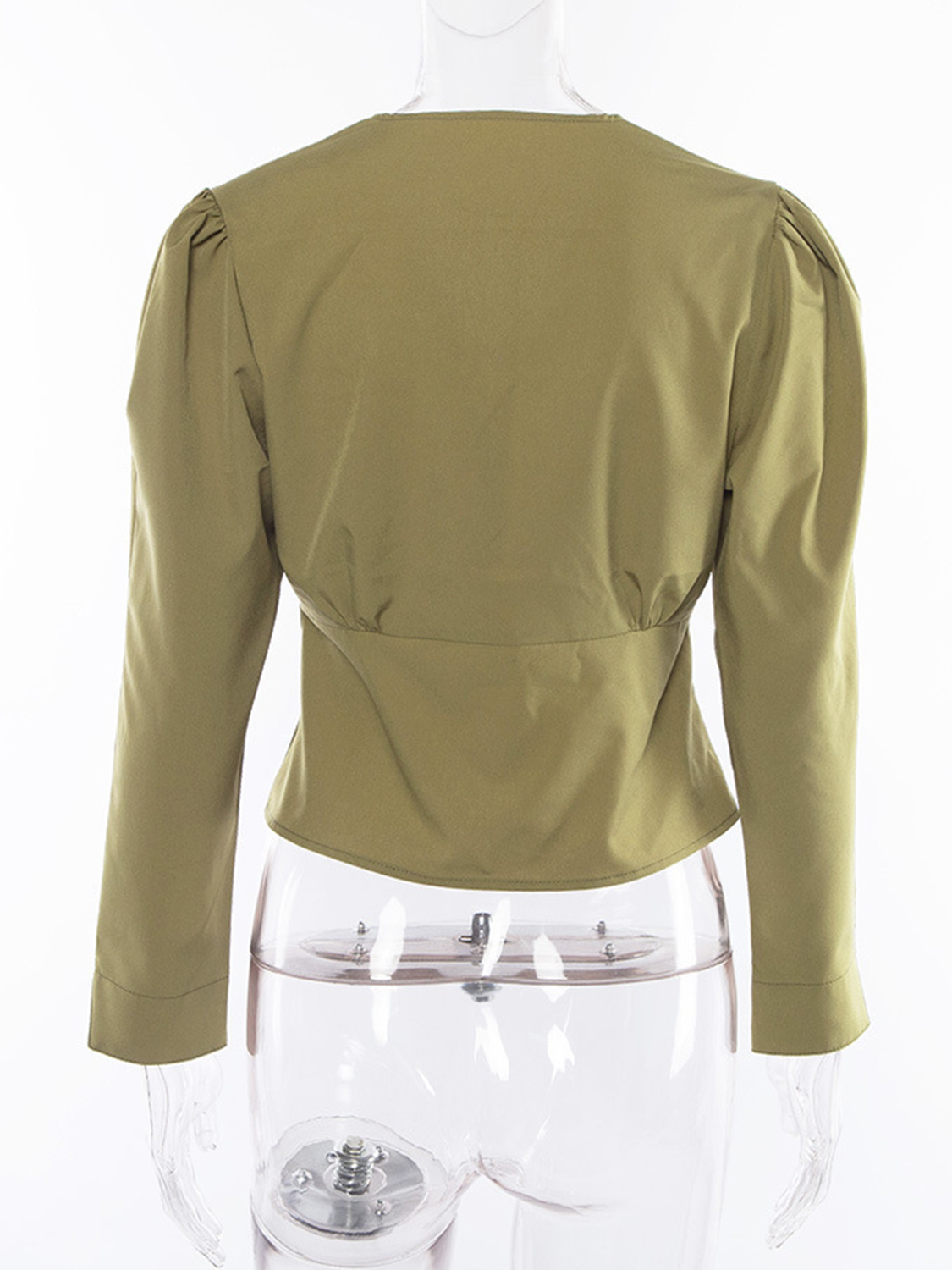 Army Green V-neck Long Sleeve Women Crop Shirt | Choies