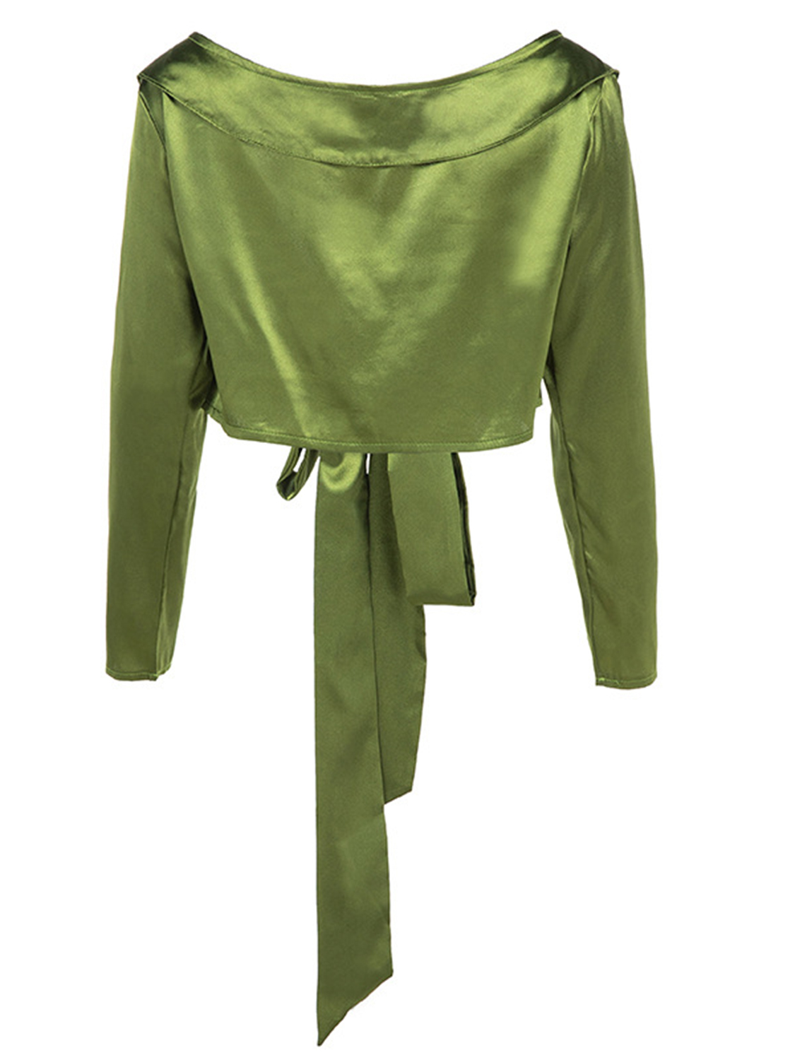 Green Satin Look Lapel Plunge Tie Front Long Sleeve Women Crop Top | Choies