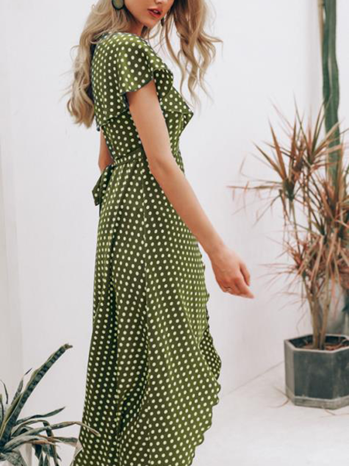 Green Vneck Polka Dot Print Split Front Ruffle Trim Maxi