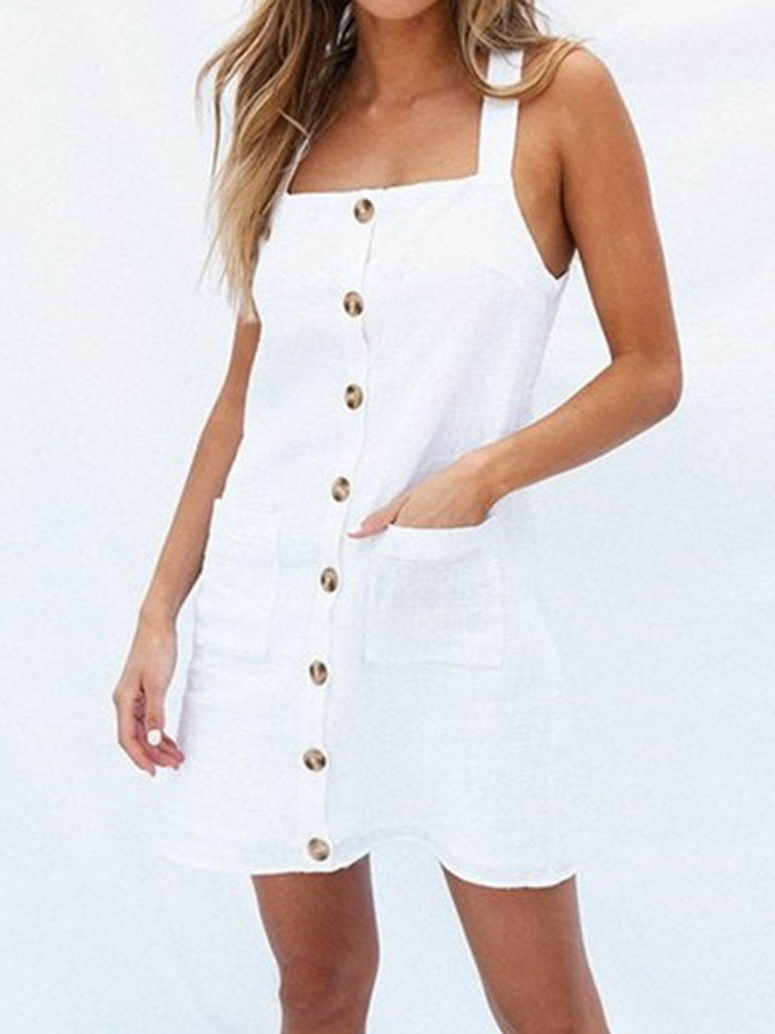 White Cotton Button Placket Front Women Cami Mini Dress | Choies