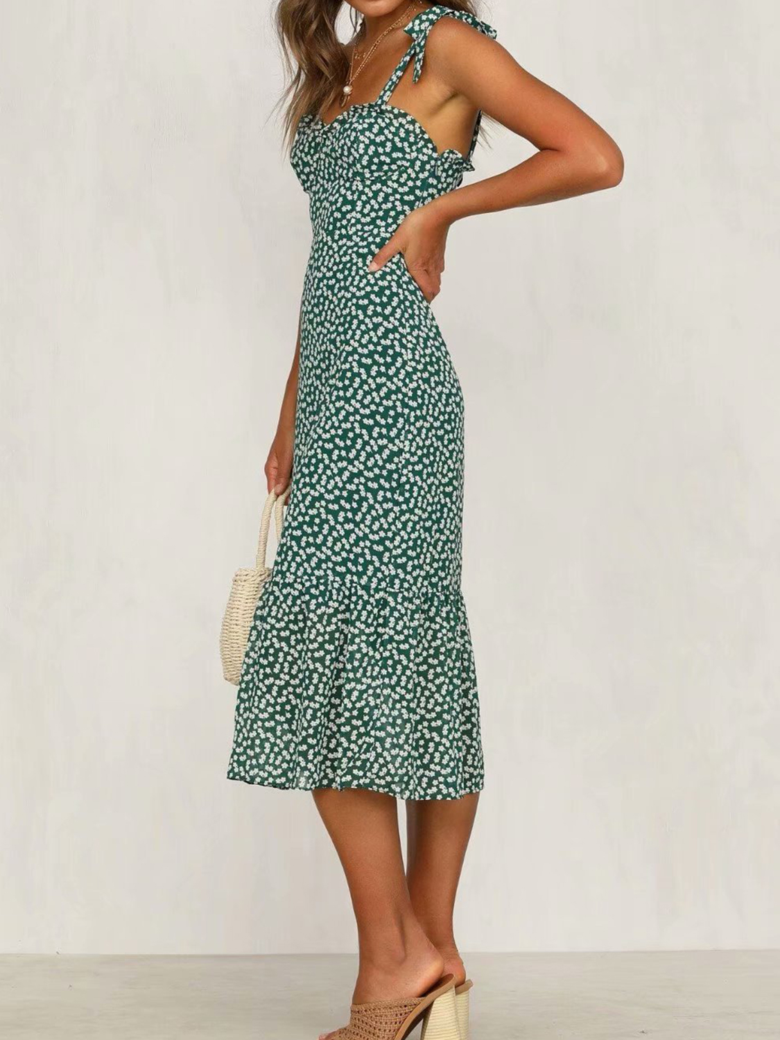 Green Floral Print Ruffle Hem Women Cami Midi Dress | Choies