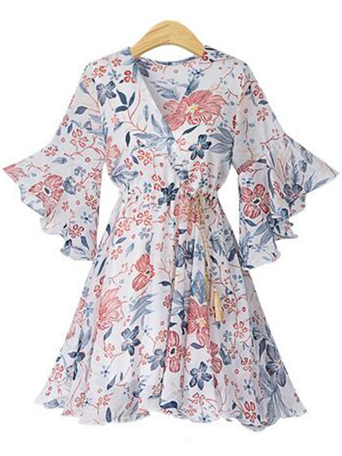 Polychrome Chiffon V-neck Floral Print Flare Sleeve Mini Dress | Choies