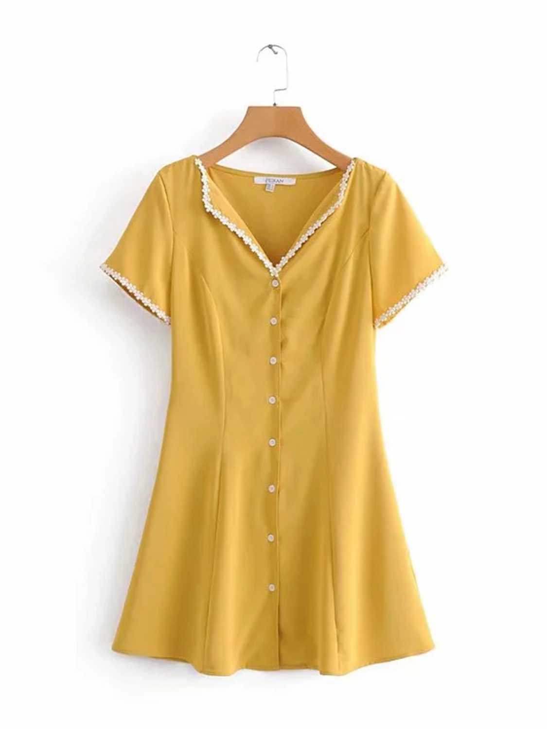 Yellow V-neck Button Placket Front Lace Trim Mini Dress | Choies