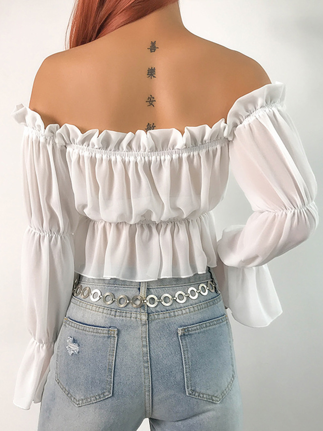 White Chiffon Off Shoulder Ruffle Trim Puff Sleeve Crop Top Choies