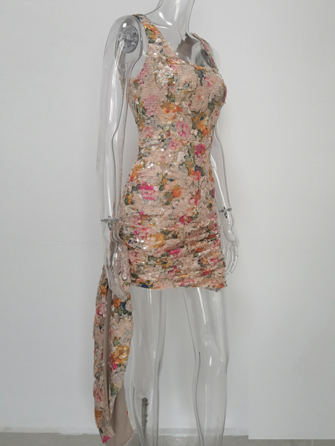 Polychrome Floral Print Sequin Detail Sleeveless Mini Dress | Choies