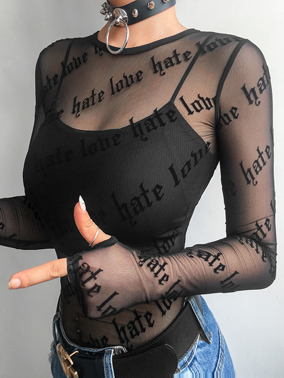 Black Frill Detail Sheer Mesh Blouse