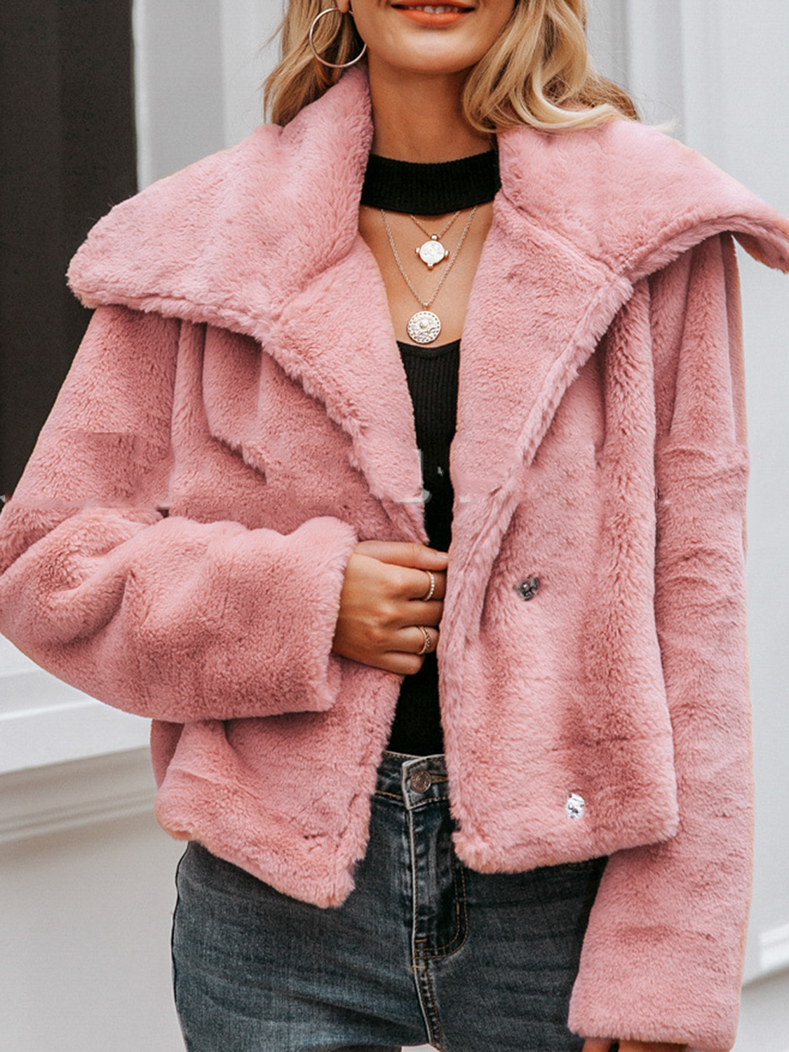 Pink Lapel Neck Long Sleeve Faux Fur Coat | Choies