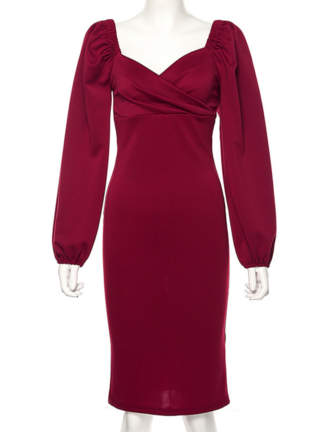 burgundy tie neck ruffle sleeve midi dress