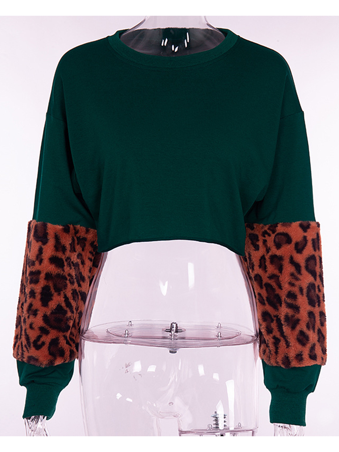 Green Leopard Print Panel Long Sleeve Crop Sweatshirt | Choies