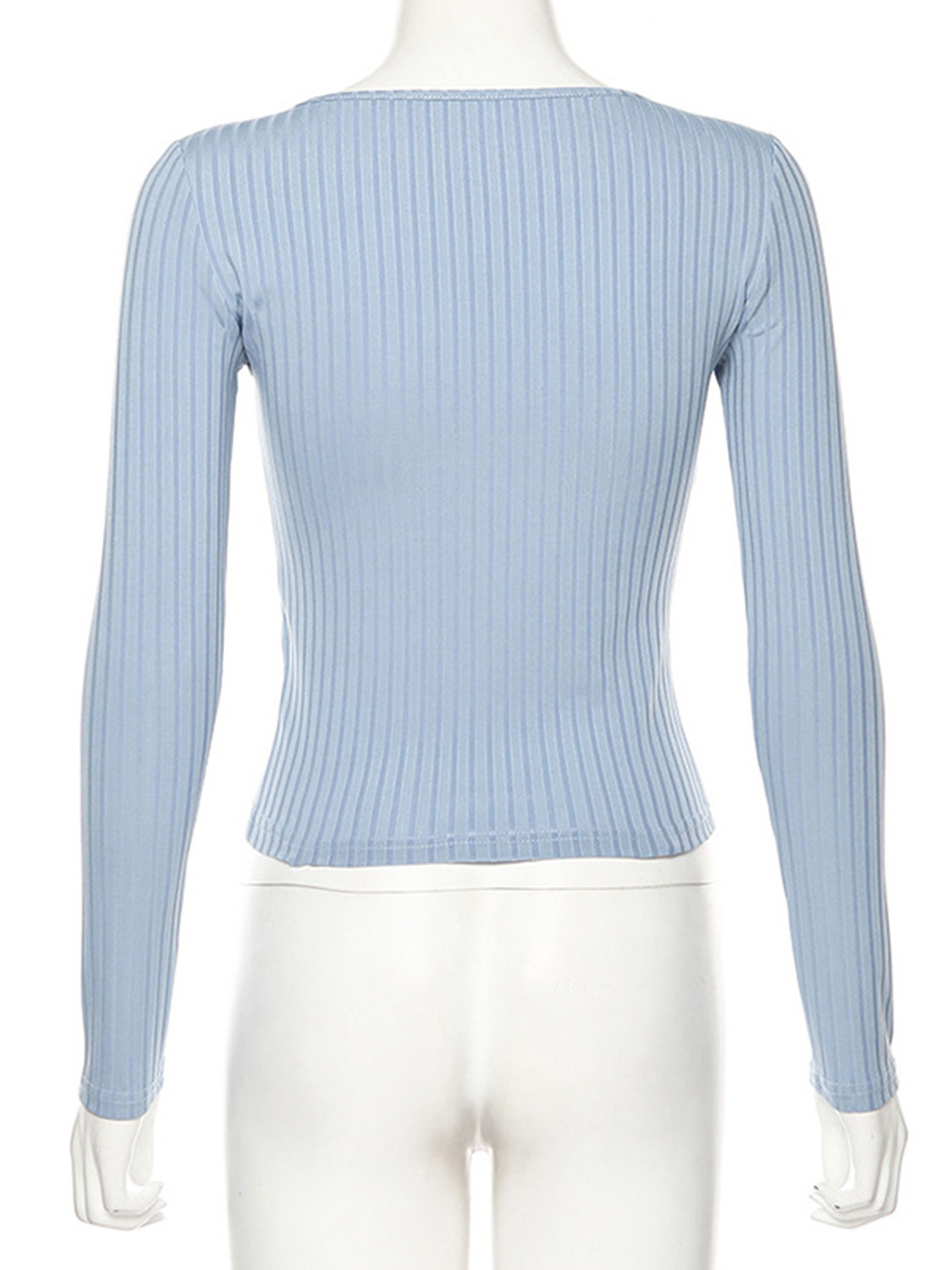 Blue Ribbed V-neck Long Sleeve T-shirt | Choies