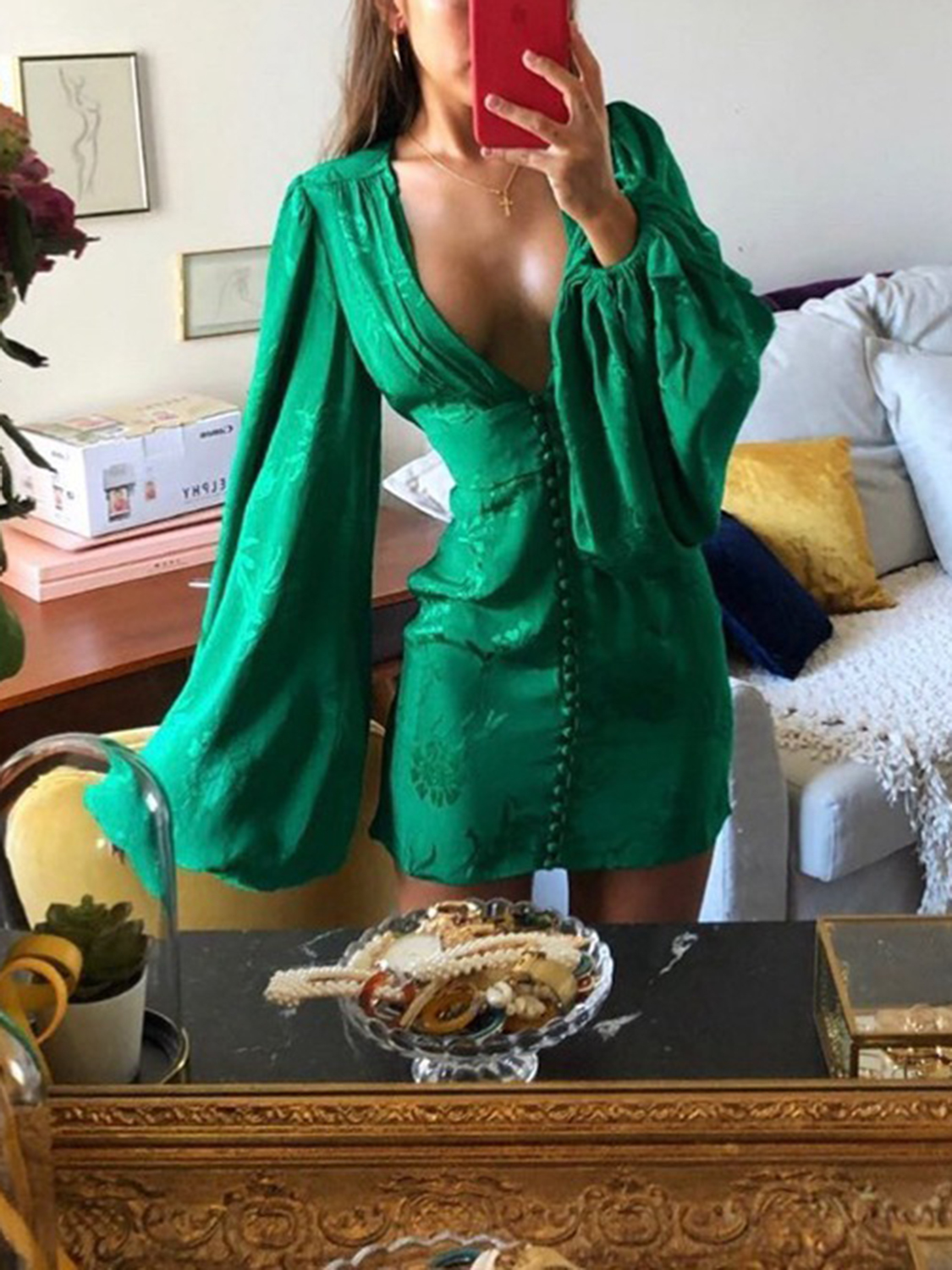 Green Plunge Floral Print Puff Sleeve Mini Dress | Choies