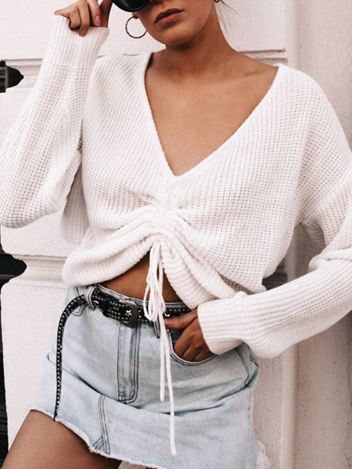 White V-neck Drawstring Front Long Sleeve Crop Sweater | Choies
