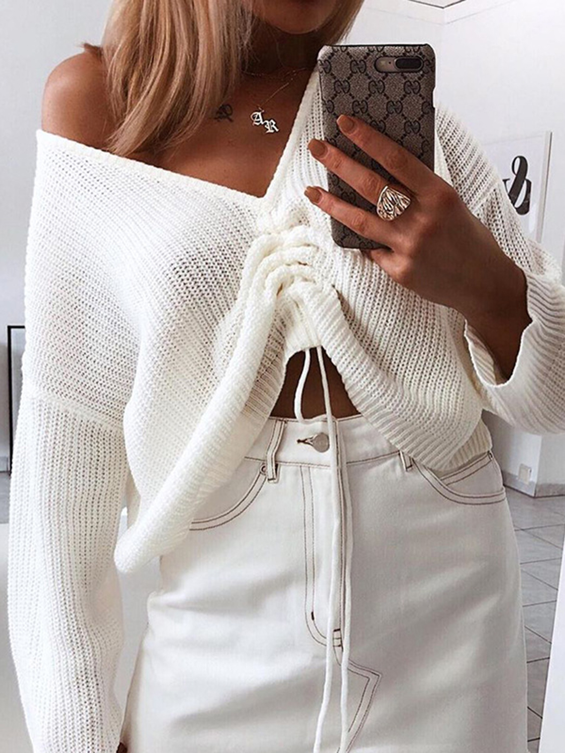 White V-neck Drawstring Front Long Sleeve Crop Sweater | Choies