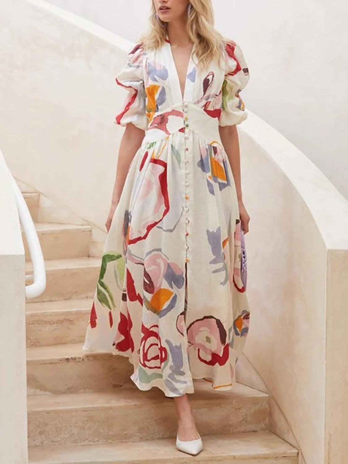 Polychrome V-neck Floral Print Puff Sleeve Maxi Dress | Choies