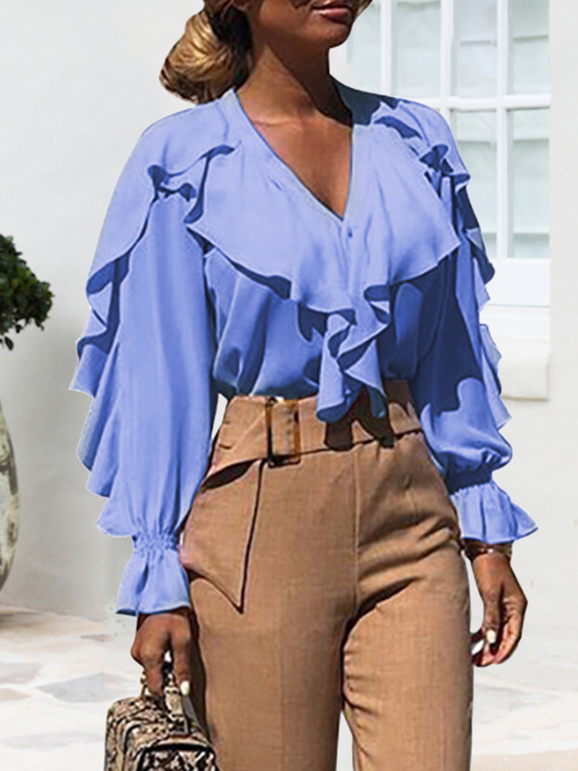 Light Blue Chiffon V-neck Ruffle Trim Long Sleeve Shirt | Choies