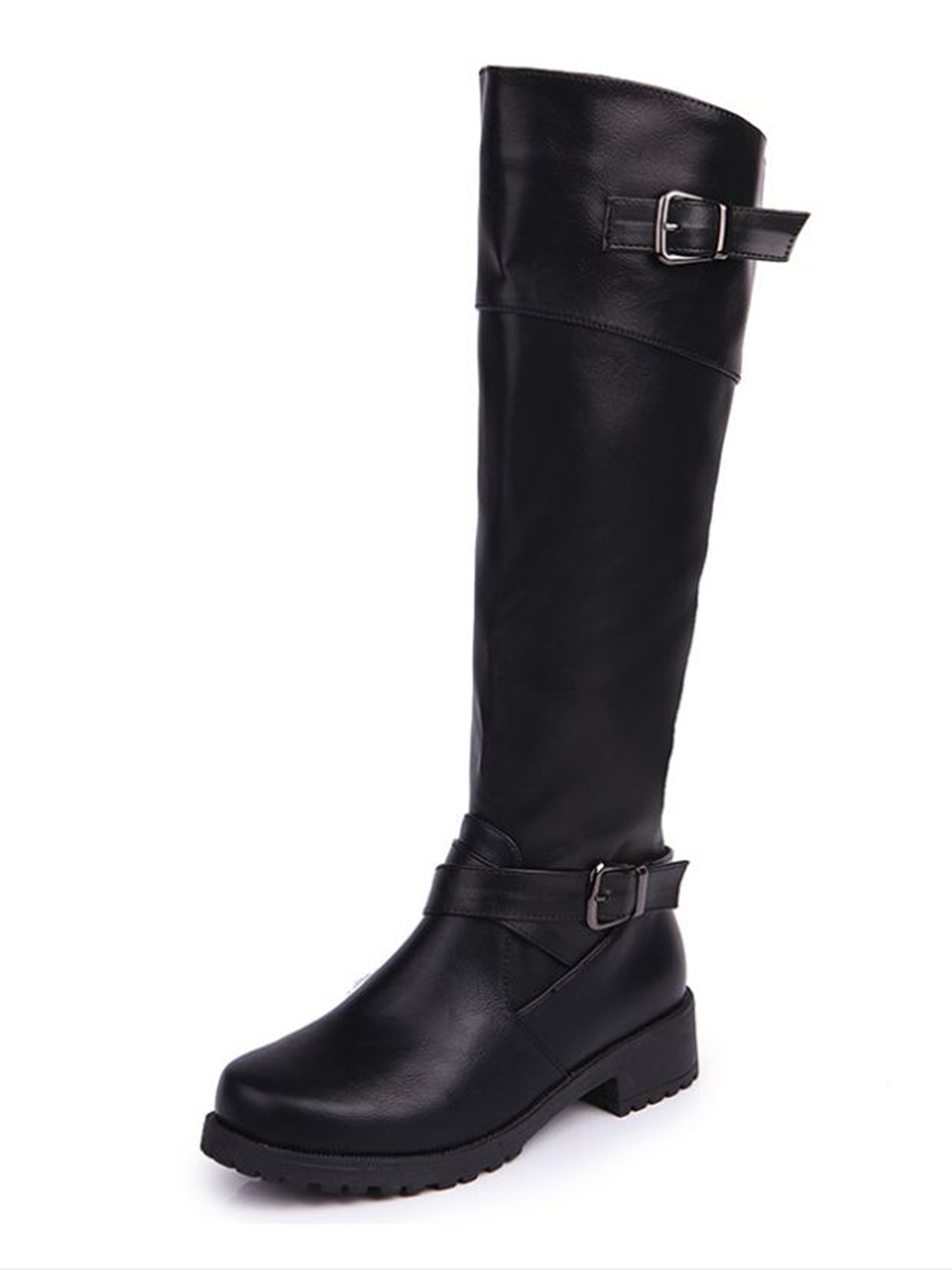 Black Leather Buckle Strap Knee High Boots | Choies