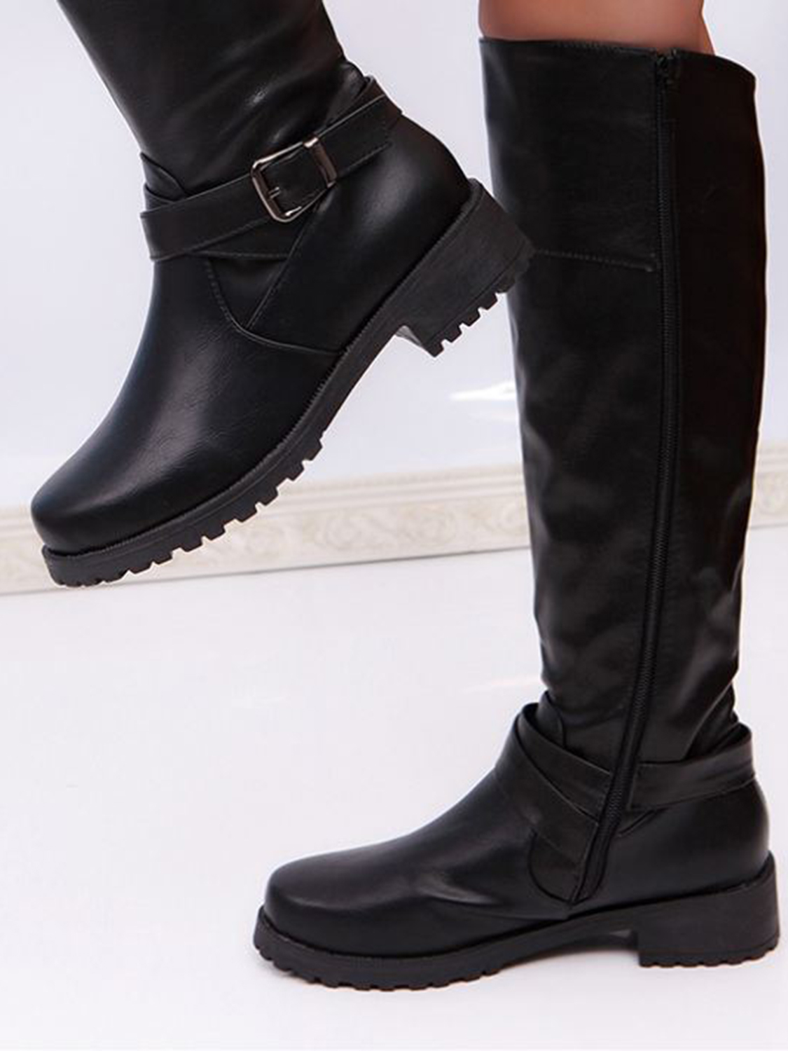 Black Leather Buckle Strap Knee High Boots Choies 6894