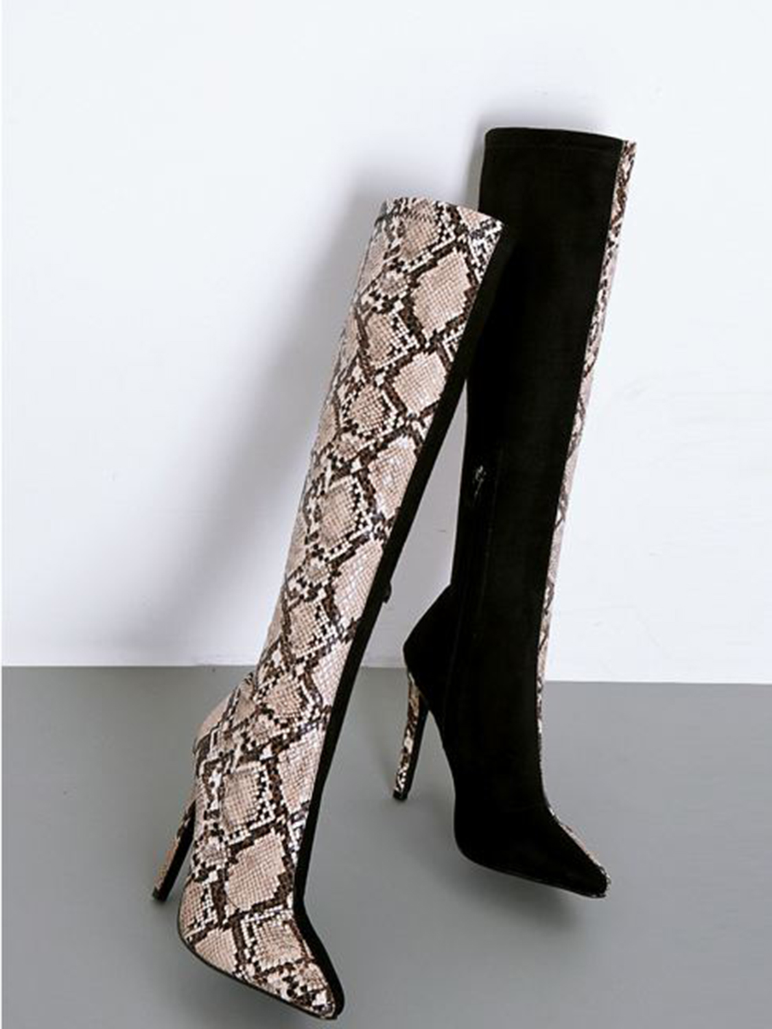 snakeskin high heel boots