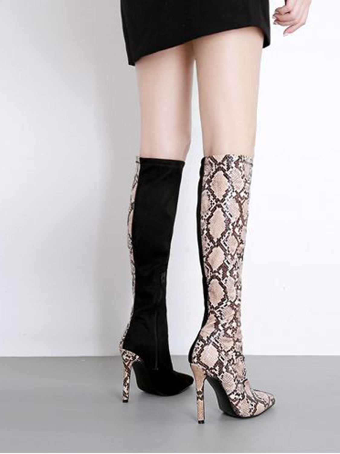 Black Leather Snakeskin Print Pointed Heeled Over the Knee Boots | Choies