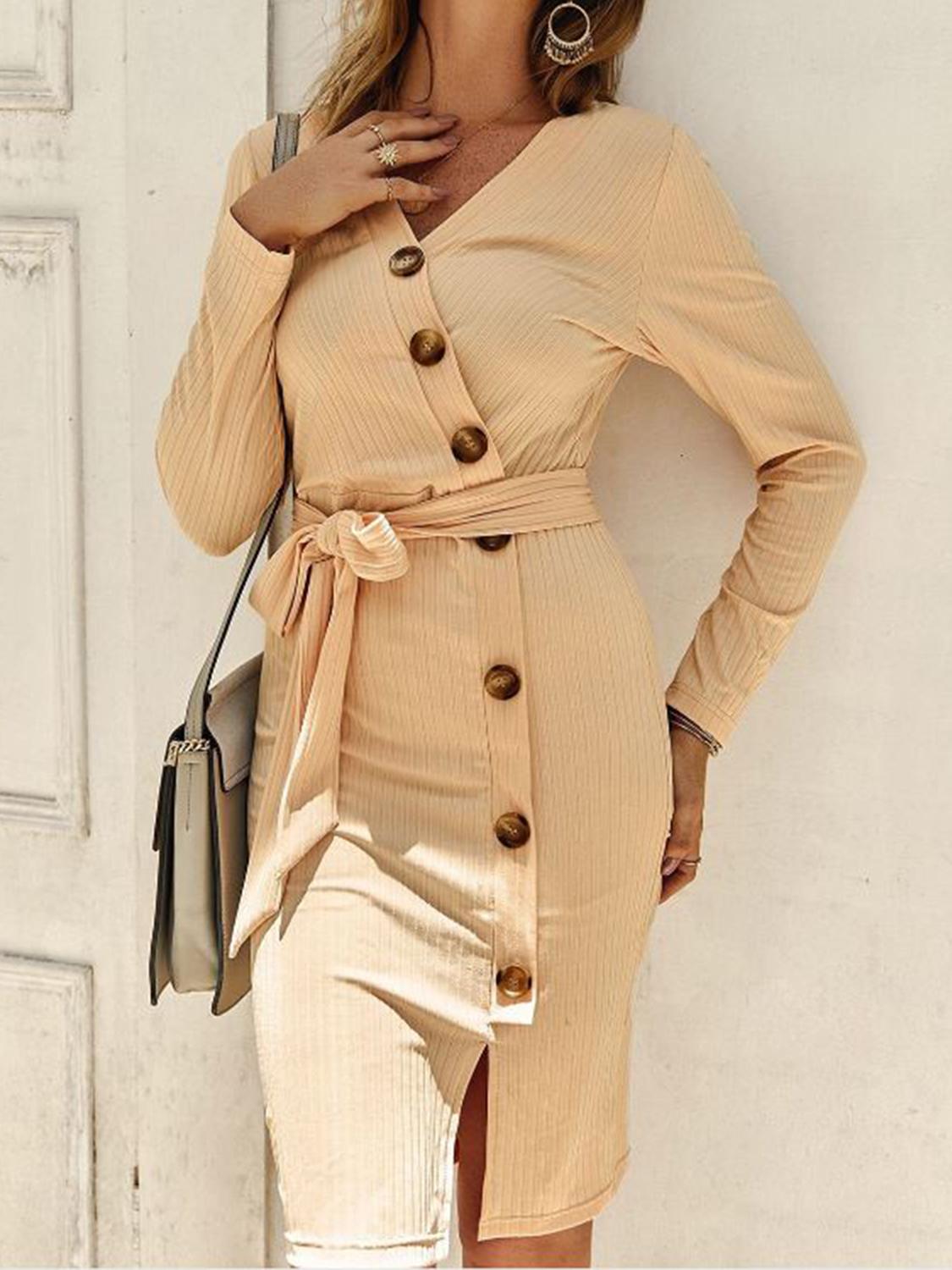 2018 Summer Solid Beige V Neck Sexy Vestidos Women Wrinked Bodycon Knee Length Pencil Party 