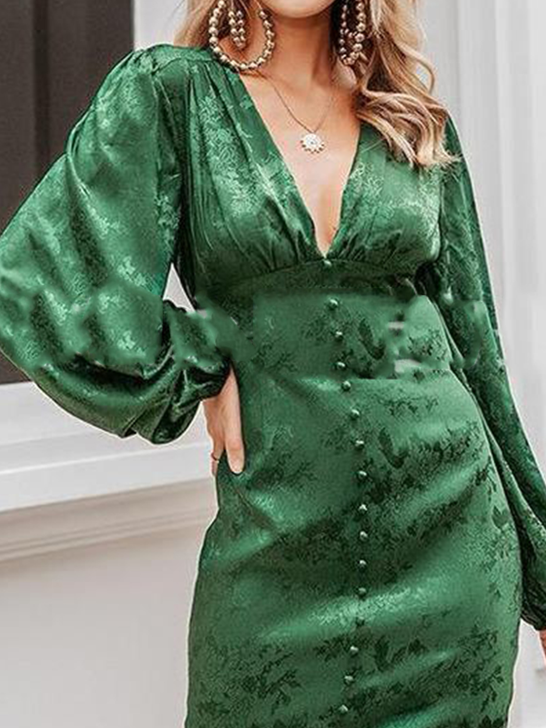 Green Plunge Puff Sleeve Mini Dress | Choies