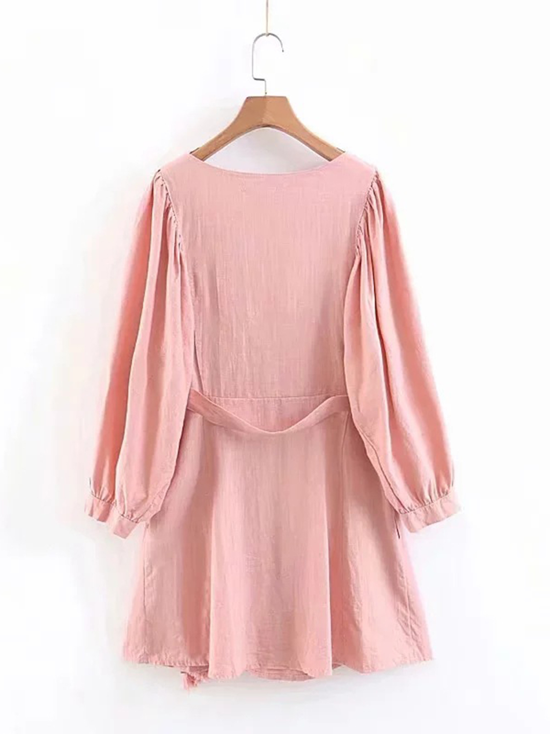 Pink Plunge Tie Waist Puff Sleeve Mini Dress | Choies