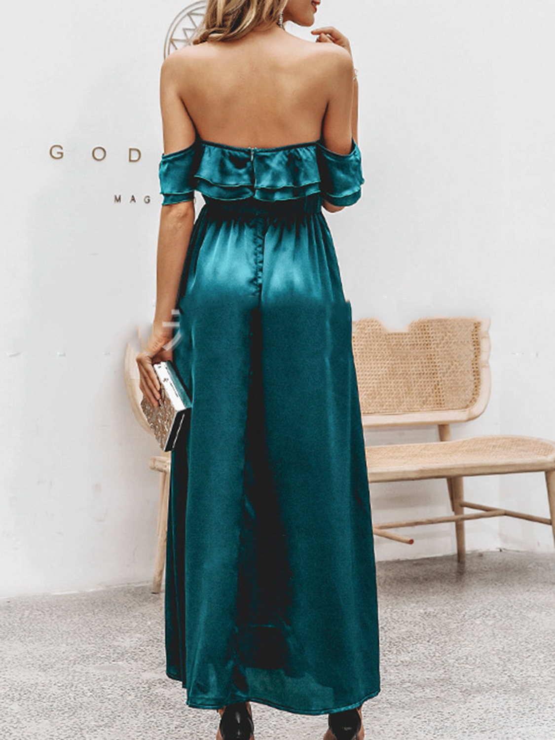 Dark Green Satin Look Off Shoulder Ruffle Trim Maxi Dress Choies 4464