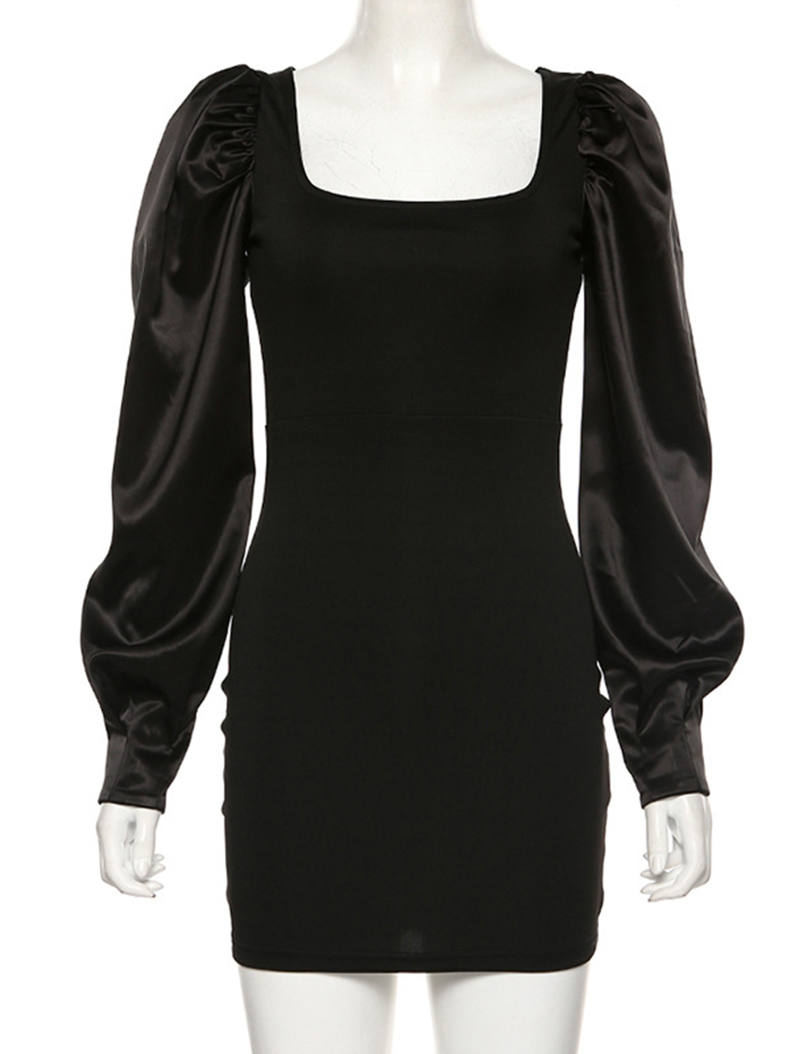 Black Square Neck Puff Sleeve Bodycon Mini Dress | Choies