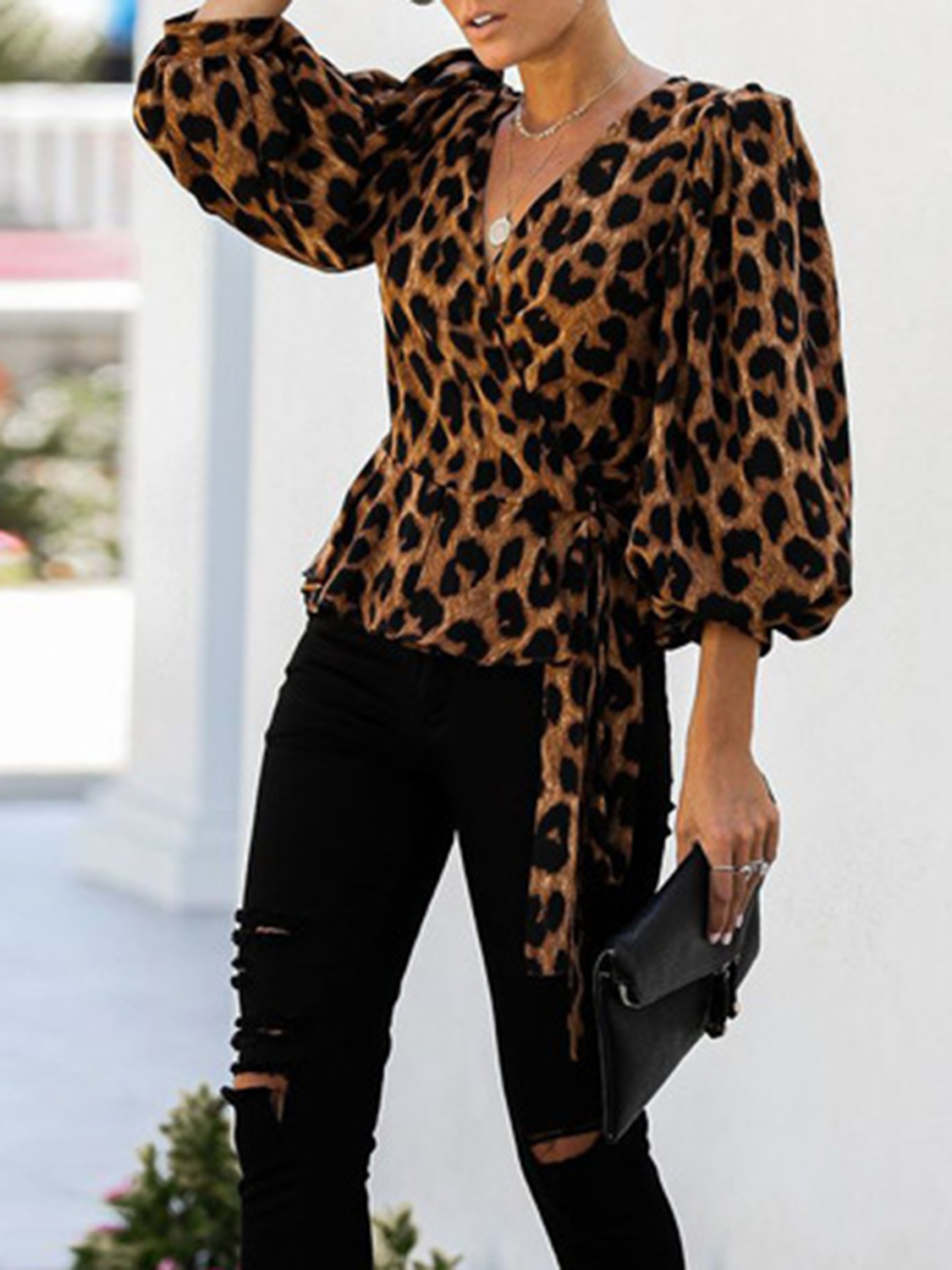 Stripe Ricrac Trim Short Puff Sleeve Leopard Patchwork Collar V Neck Blouse