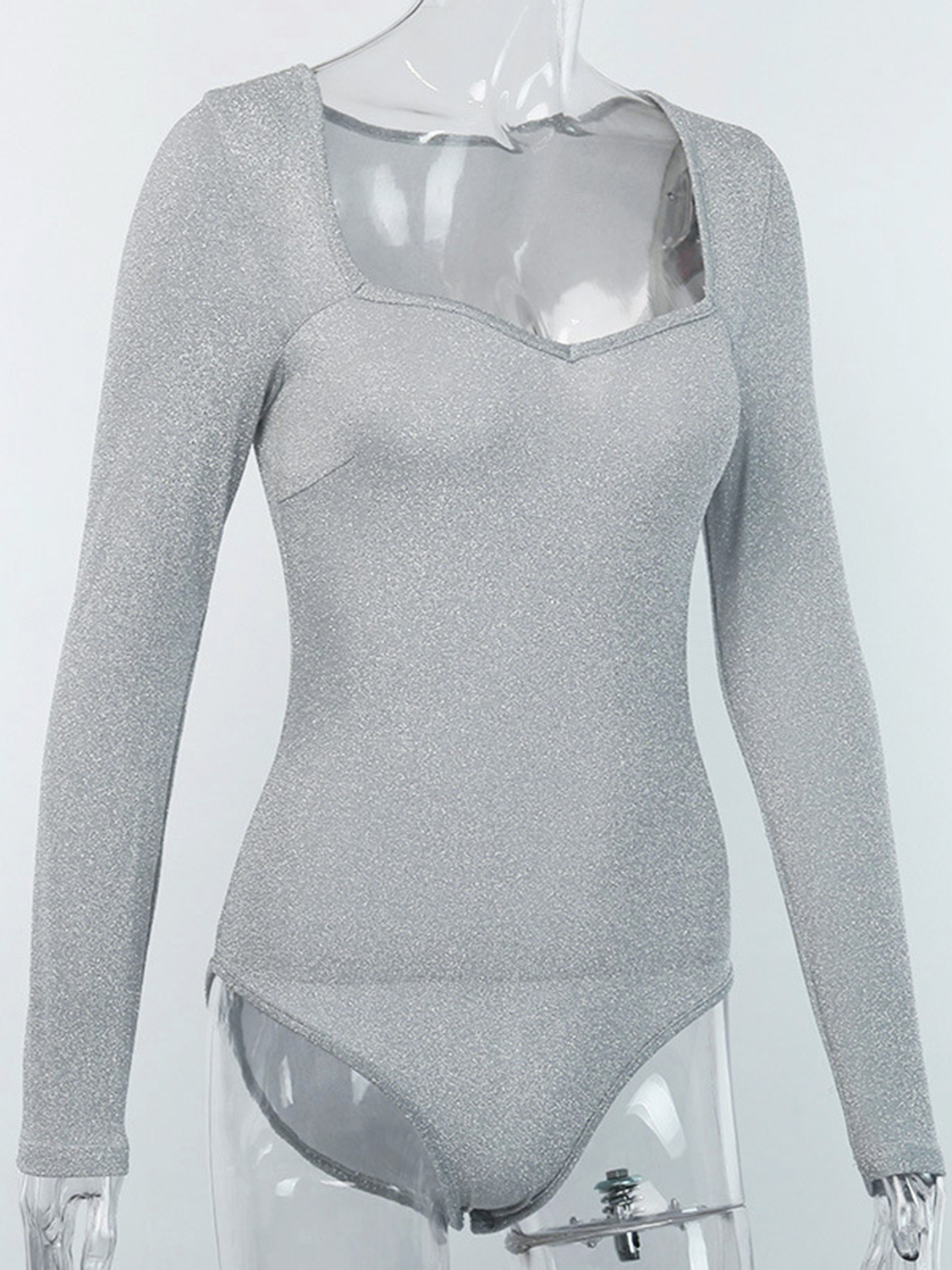 Silver Square Neck Long Sleeve Bodysuit | Choies